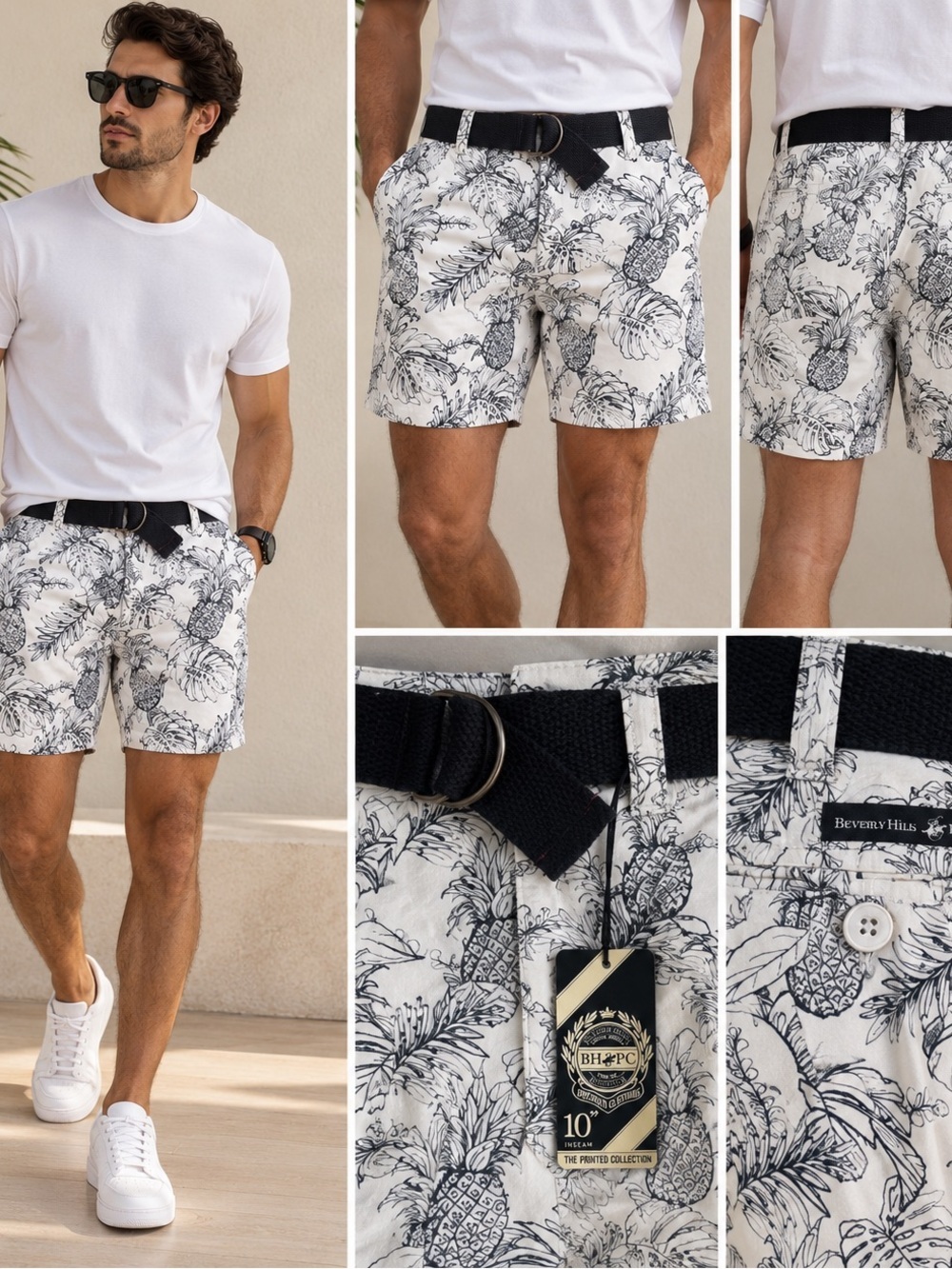 Beverly Hills Polo Club‎ Men’s Shorts 30 Optic White Pineapple Print Belt NWT